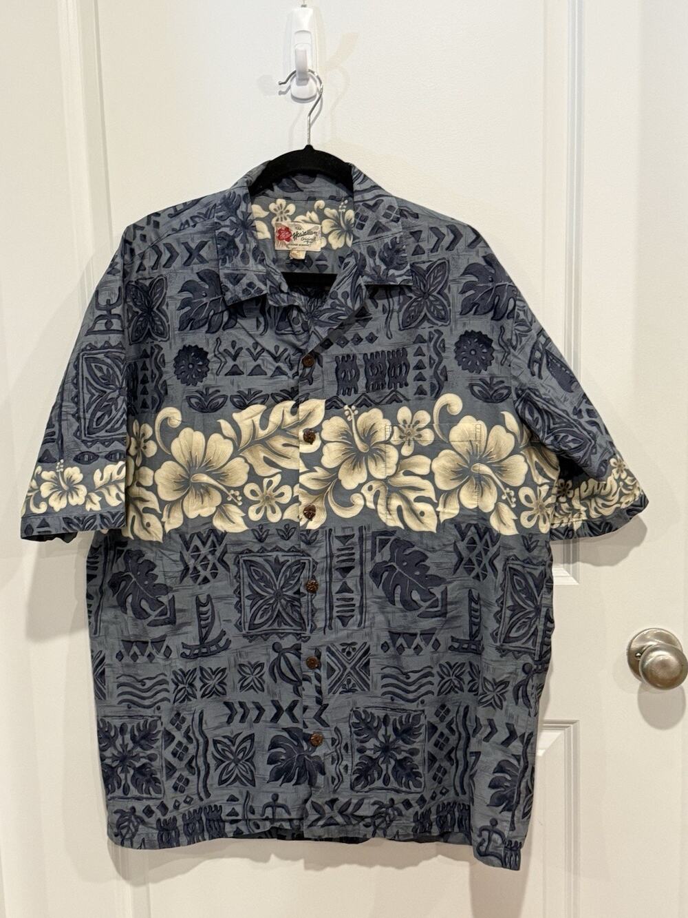The Hawaiian Original Hawaiian Shirt Blue White Hibiscus Floral Tiki Camp Sz XL